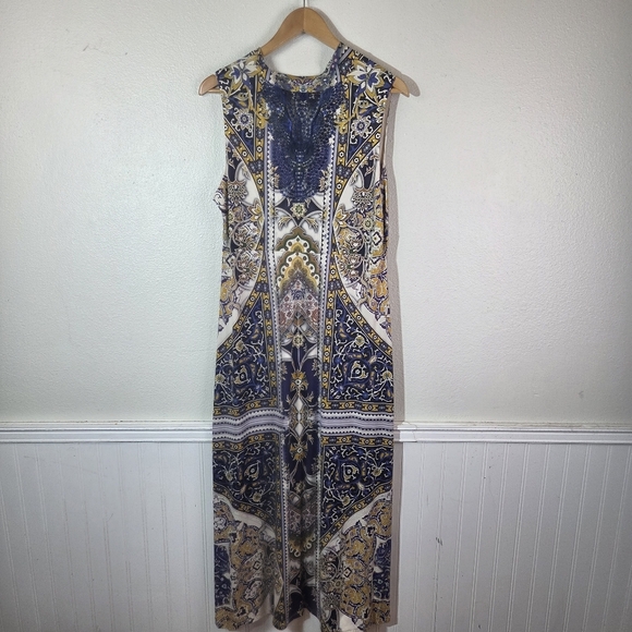 One World Womens XL Boho Maxi Dress Rhinestone Embellished Blue Lace Back - Picture 2 of 12